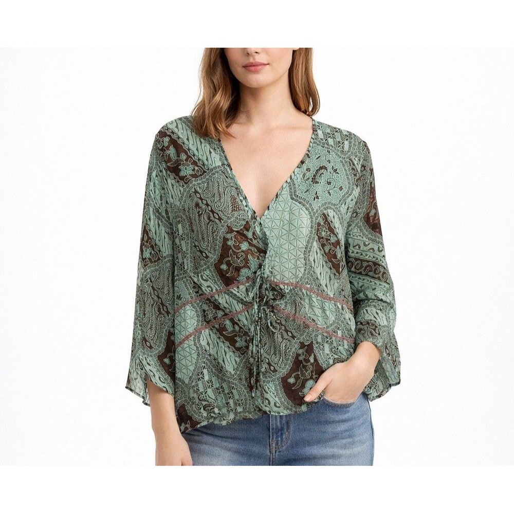Dressbarn Blue Paisley Pattern Sheer Y2k Blouse Top Tie Front Size Large Boho